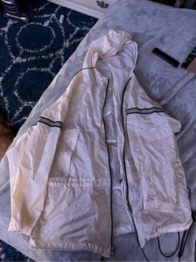 New York & Company Cream Hooded Windbreaker with Black Trim